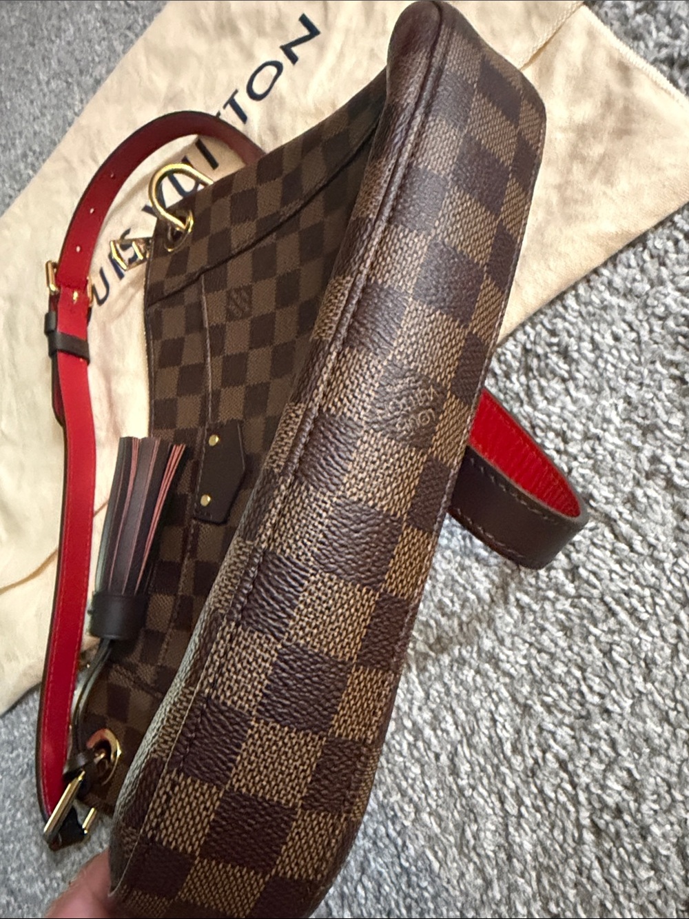 Louis Vuitton Brown Damier Shoulder Bag with Red Strap Accent - Picture 4 of 10